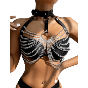 Wild black leather chest punk bondage belt with chain