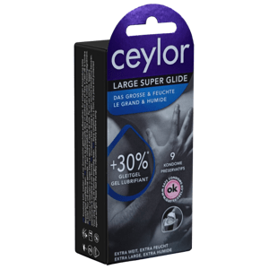 Ceylor Single: Large Super Glide, 9 extra wide condoms with 30% more cream lubricant